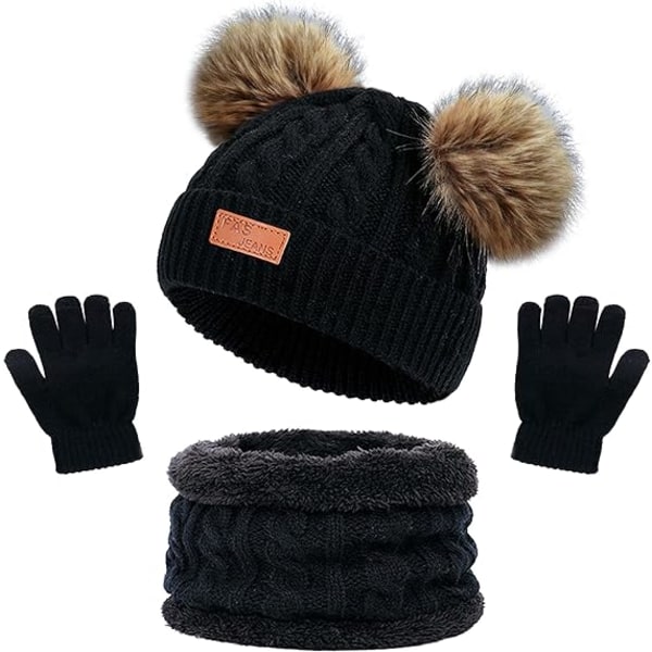 Barn Vinter Warm Beanie Hat Scarf Handskar Set svart Thermal K