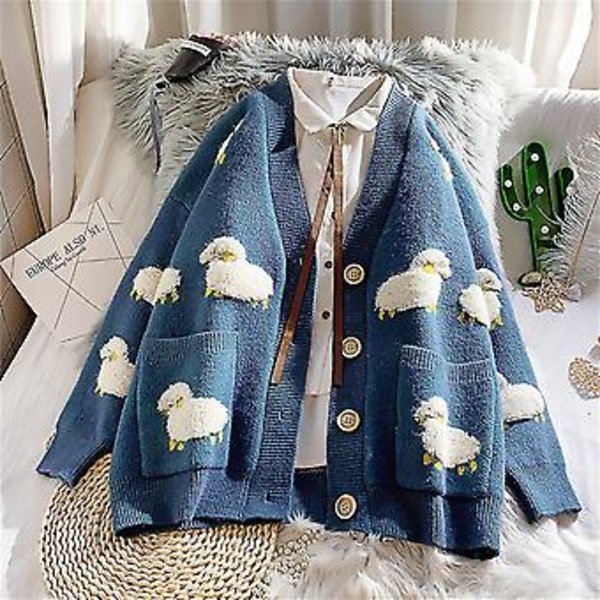 Kvinner Casual Lang Ermet Stripete Patchwork Lang Cardigan Topper Bluse Frakk (Blå)