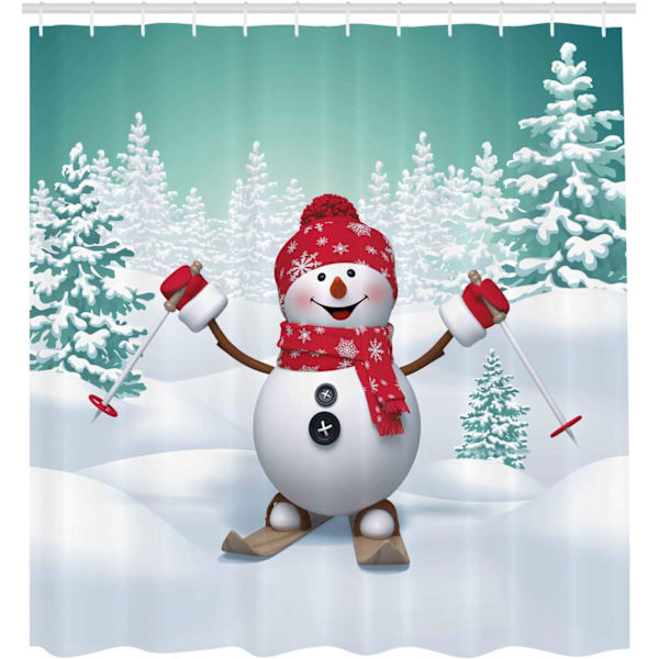 Jul Duschdraperi, Skidåkning Snögubbe Träd, Tyg Badrum D