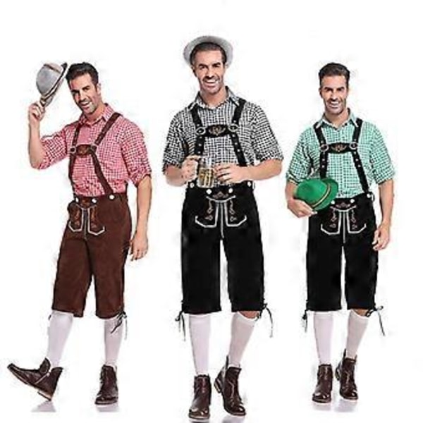 Tyska Traditionella Herr Oktoberfest Kläder Rutig Skjorta Broderade Hängslen Kostym (M Bruna Overaller)