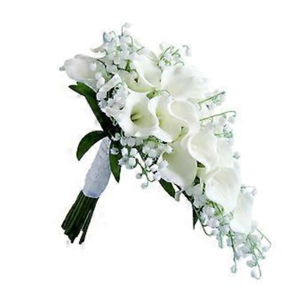 Bröllopsbukett för brud, konstgjorda blommor i vattenfallsstil, vit kallalilja, falsk blomma för bröllopsceremoni, årsdag och heminredning
