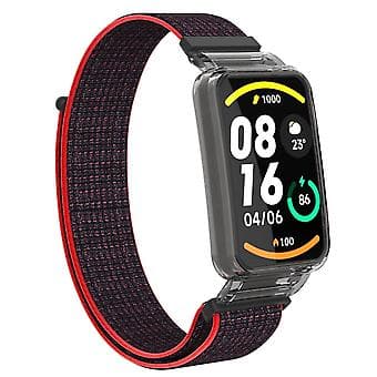 PC-etui + Nylon Loop-rem til Xiaomi Mi Band 7 Pro (Rød Sort)