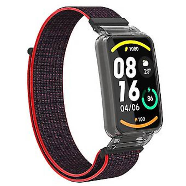 PC-fodral + Nylon Loop-rem för Xiaomi Mi Band 7 Pro (Röd Svart)