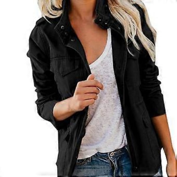 Dame Frakke Stand Krave Lynlås Flere Lommer Ensfarvet Lange Ærmer Blød Afslappet Cardigan Ren Farve Forårsfrakke til Daglig Brug (3XL sort)