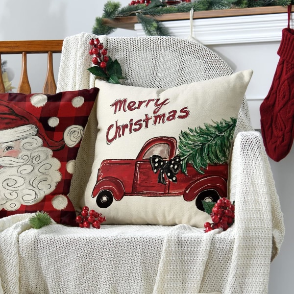 4 God Jul Vattenfärg Buffalo Plaid Santa Snowman Truck Th