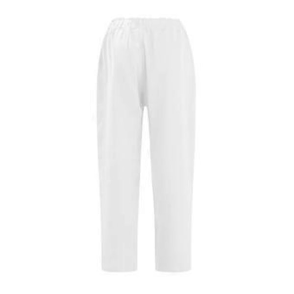 Linne Croppade Lös Passform Bomull Dam Capri Byxor Casual Kvinnor Crop Capris Elastisk Midja Sommar (L Vit)