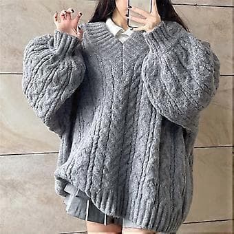 Efterår og vinter V-hals sweater blød twist pullover løse lanterneærmer stor strikket sweater top (grå)