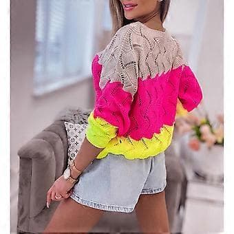 Dame 2023 Søde Elegante Bløde Bådhals Lange Ærmer Hulstrikket Pullover Trøjer Fuchsia M M