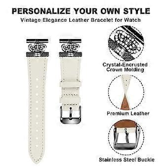 Kompatibel med TicWatch E / 2 / C2 (Sort / Sølv Urskive) Urrem Ægte Ko Læderrem, Rhinestone Krone Dekor (Sort(Abrikos)