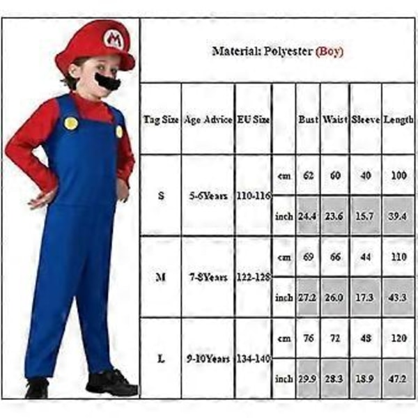 Super Mario Luigi Bros Cosplay Dräkt Kostym Herrar Kvinnor Barn Tonåringar Pojkar Flickor Rollspel (S Röd - Pojke)