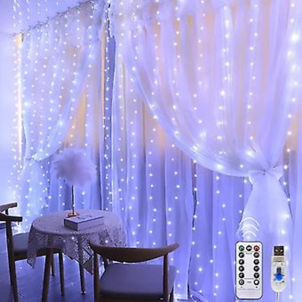 3*2m Verhojen Jouluvalot USB-LED Jouluvalot 8 Valotilalla Verhovalot Makuuhuoneen Sisä- ja Ulkokäyttöön Joulukoristeluun (Valkoinen)