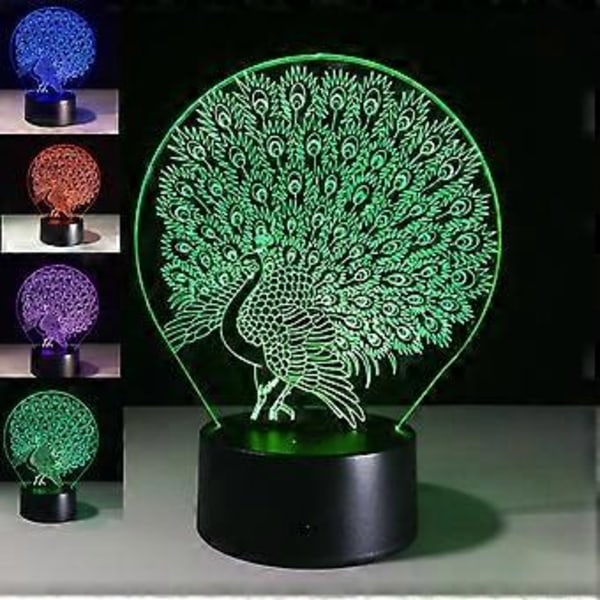 3D Påfågel Nattlampa 7 Färgväxlande LED Bordlampa Jul Leksak Present