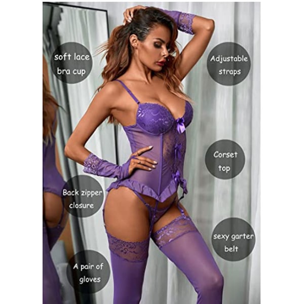 Lingerie for Women Sexy Lace Bodysuit Nightie Lingerie 4 Pcs Set (