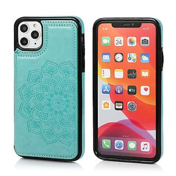 Blomstret Læder Flip Wallet Kort Holder Cover Etui Til iPhone 12 Mini Pro Max 11 (Grøn)
