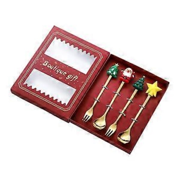 4 st Julbestick Skedar Gafflar med Presentförpackning Mångsidiga Bestick Jul Servis Sked Gaffel för Fest Högtid (Sked gaffel röd låda)