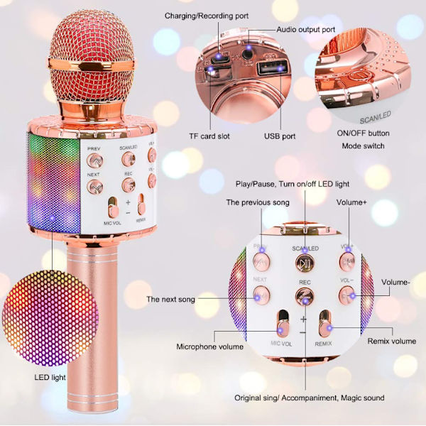 1 stk. Rose Gold Karaoke Trådløs Mikrofon med Dansende LED-lys