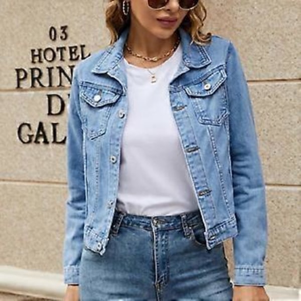 Dam Höst Denim Kort Jacka Dam Vinter Enkelknäppt Långärmad Nedvikt Krage Jeansjackor (XXL ljusblå)