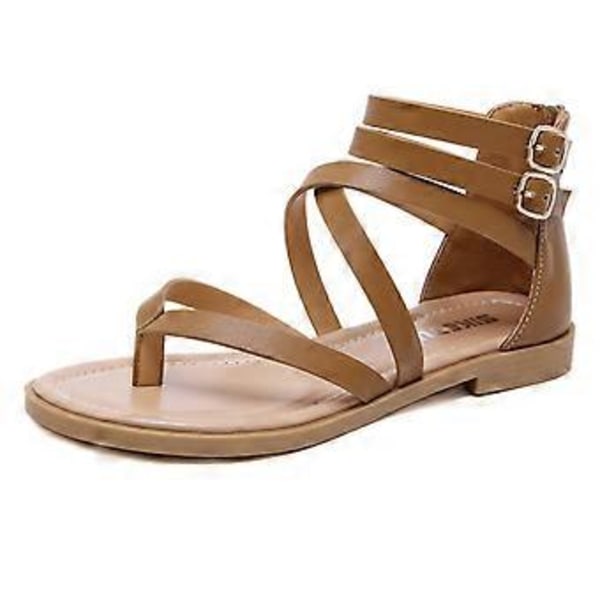 Sommersandaler for kvinner, stor størrelse, moteriktig glidelås, romerske sandaler (EU 38 Brun)