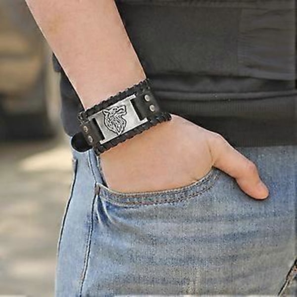 Retro Brett Metall Läderarmband för Män Punk Brett Manschettarmband Rock(varg huvud,silver)(STORLEK 1 )