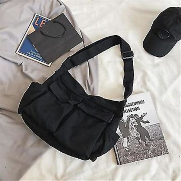 Værktøjs Messenger Skuldertaske Mænds Og Kvinders Canvas Taske Student Gade Stor Kapacitet Taske Casual Litterær Canvas Taske Yj51-2 (Sort)