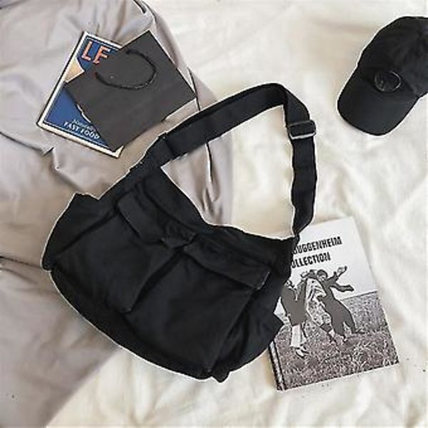 Verktøy Messenger Skulderveske Menn og Kvinner Canvas Bag Student Gate Stor Kapasitet Bag Casual Litterær Canvas Bag Yj51-2 (Svart)