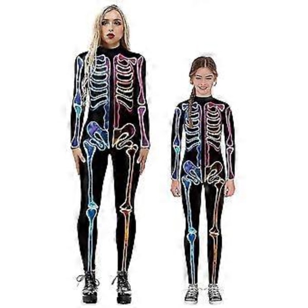 Ny Halloween Skelettdräkt för Barn och Vuxna, Bekväm Onesie Jumpsuit snabb (145cm-150cm Färgglad)