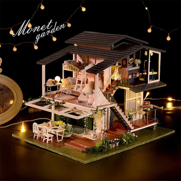 Miniature dukkehus med møbler, DIY træ dukkehus kit plus støv og musik bevægelse, 1:24 Crea