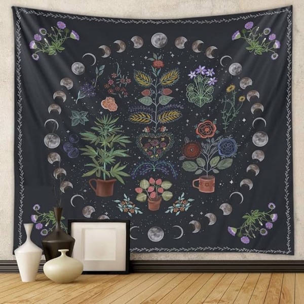 Botanical Tapestry, Natural Moon Phase Tapestry Wall Hanging, Boh