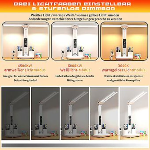 3200mAh LED Skrivbordslampa Dimbar USB Bordsläslampa med Temperatur Datum Klocka ( )