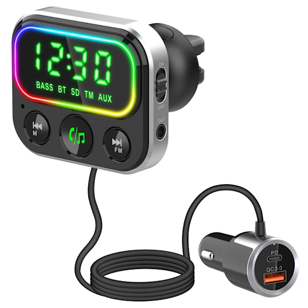 FM-sender, 24-timers display, Bluetooth 5.0 bilradioadapter med QC3.