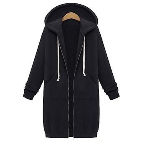 Avslappnad Kvinna Lång Huvtröja Sweatshirt Jacka Dragkedja Ytterkläder Huvad Jacka Ytterkläder Toppar-b (XXL svart)