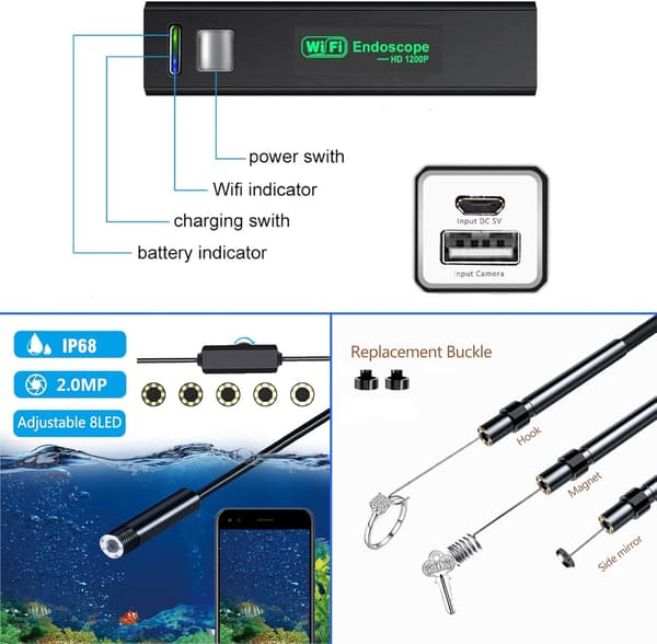 (2M) WiFi Borescope-kamera Endoskooppikamera Putkitarkastus HD 12