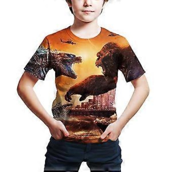 4-9 År Børn Godzilla vs Kong 3D Printet Casual Kortærmet T-Shirt Toppe Tees(7-8 År B)
