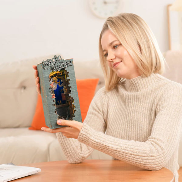 Trähusdocka, DIY Bokhörna Kit, Pusselhus Modell Byggsatser med LED-lampor Hus Hylla De