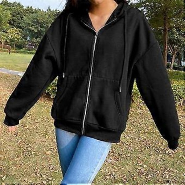 Hættetrøje med snøre, lange ærmer, lommer og lynlås, efterår ensfarvet dame sweatshirt jakke (S lilla)