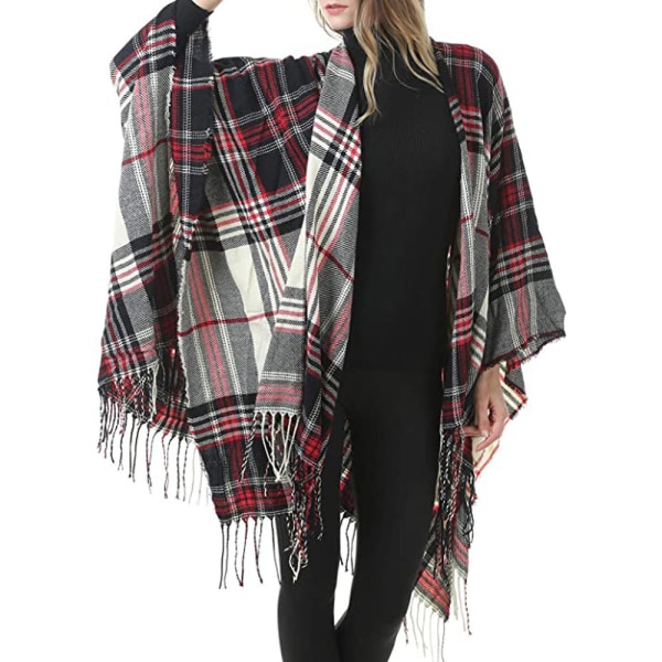 Kvinders Varme Sjal Wrap Åben Front Poncho Cape Farve Blok Sjal