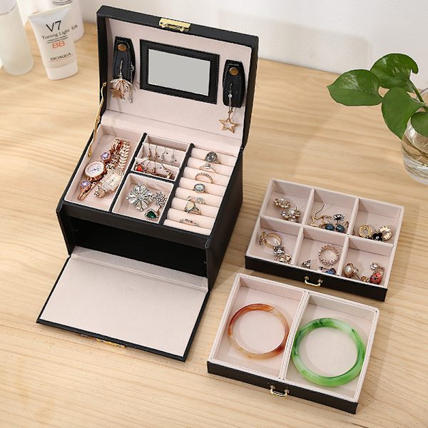 Smykkeæske, smykke- og kosmetik-nipsgenstandsæske 3 lag makeup B