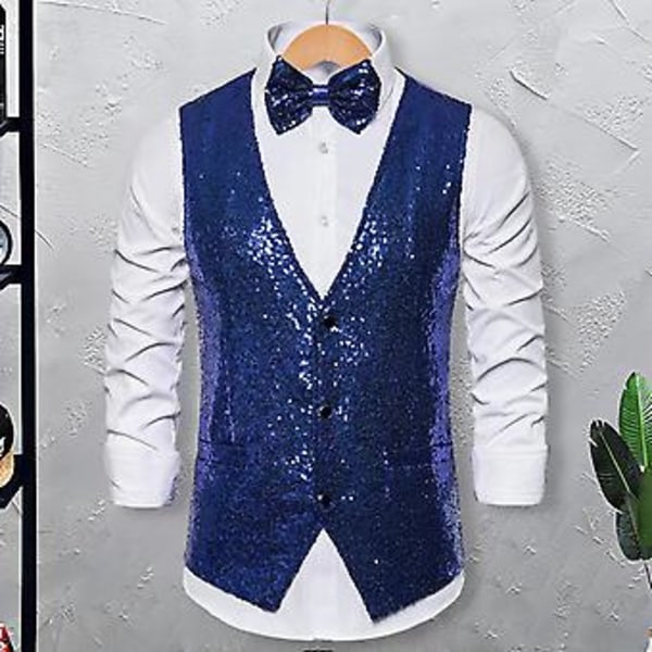 Mænds Vest Sceneoptræden Konferencevært Emcee Vest Skinnende Paljetter Slim Fit V-hals Ærmeløs Enkeltknappet Vest Med Sløjfe (L Sort)