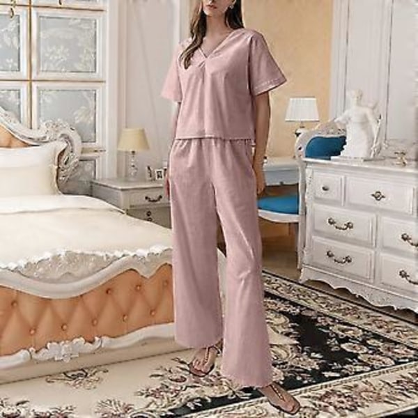Dam Pyjamas och Byxor Set V-formad Krage Pyjamas Bomull Rygglös Pyjamas Nattbyxor Set (L rosa)