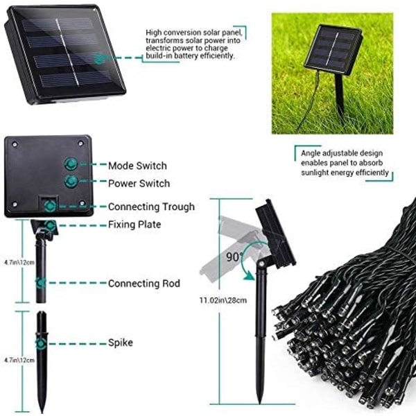 Solcelledrevne julelys, 20M 200 LED solcelledrevne lysstrenger Ou