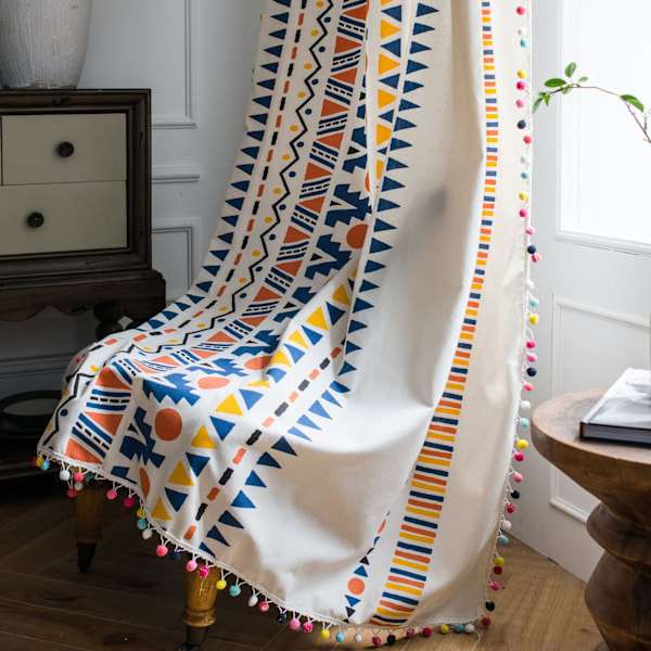 Boheme Geometrisk Trykt Bomulds-Linned Gardinpanel med Farver