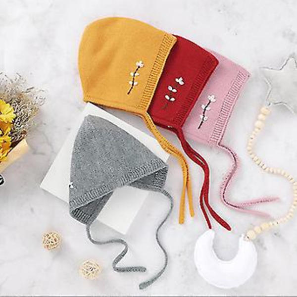 Blød Strikket Babyhue med Broderi Spædbarn Dreng Pige Beanie Nyfødt Foto Props Hat ( )