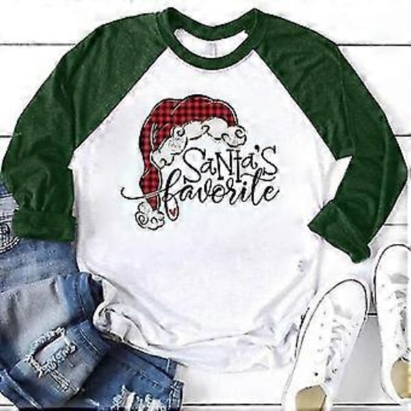 hmwy-dame jule nisse trykk t-skjorte bluse basic topp tee shirt (L Grønn)