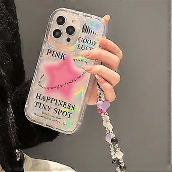 Etui til iPhone 14 & iPhone 13 med telefonveske/kjede, glitrende rosa stjerne mønster klart søtt telefonveske med perle kjærlighet hjerte armbånd, luksuriøs bling kvinner