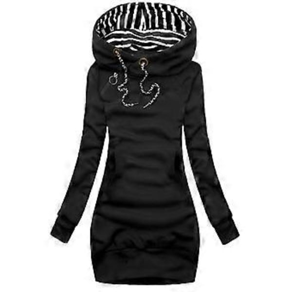 Dame mid-længde slim hoodie, afslappet efterår vinter sweatshirt (XL Sort)