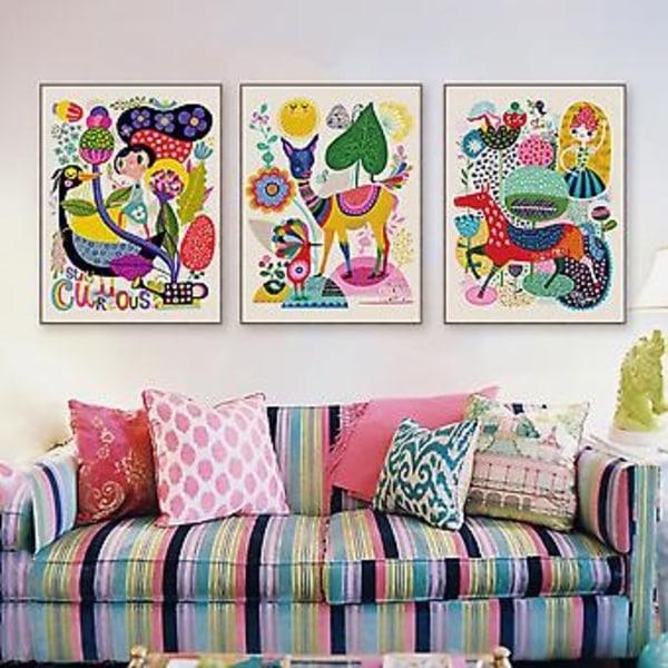 Wekity Söta Människor och Djur Väggkonst Canvas Print Poster, Enkel och Söt Färgstark Konstmålning Dekoration för Hem Vardagsrum Sovrum Kontor och Barn
