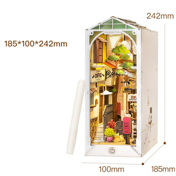 DIY Bog Nook Kit, Sunshine Town, Træ Dukkehus, Puslespil Bygningsmodel med LED Lys Hylde Deko