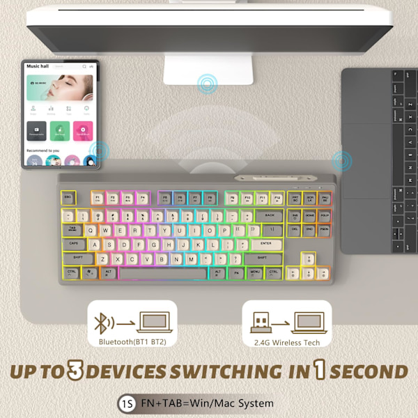 M87 80% trådløst spilltastatur, 87 TKL RGB-taster, SA PBT mekanisk følelse, Bluetooth/2,4 Ghz dobbel mo