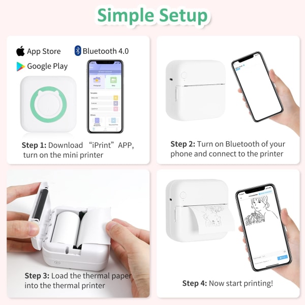 Mini-lämpötulostin, kannettava musteeton Bluetooth-tulostin, jossa on 5 tarra- ja 5 lämpöpaperirullaa