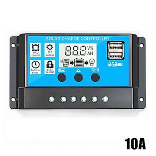 60A/50A/40A/30A/20A/10A Solcelleladningsregulator Automatisk PWM-regulatorer LCD-display Dobbelt USB-udgang (Blå)